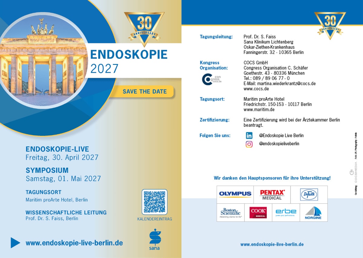 Flyer Endoskopie-Live Berlin 2027 – Stand 21. Mai 2026 ENDOSKOPIE 2027 - Jubiläumskongress 30 Jahre Endoskopie-Live, 30. April - 1. Mai 2027, Maritim proArte Hotel Berlin | ©COCS GmbH